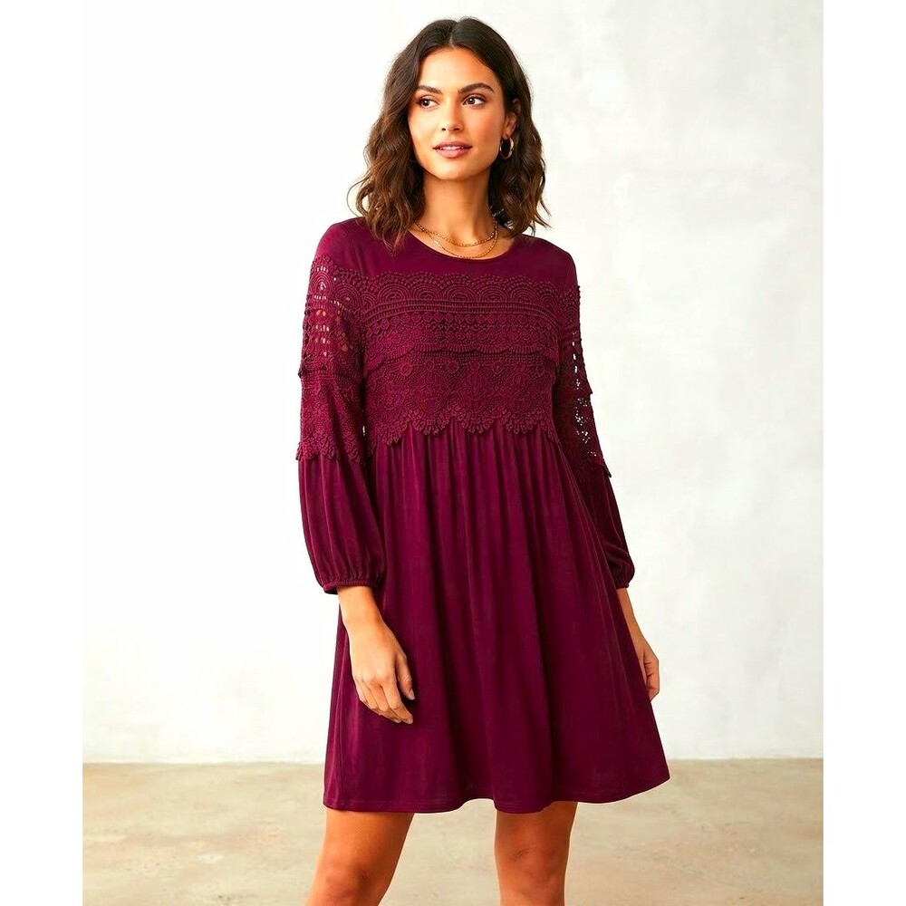 John Paul Richard Burgundy Lace Yoke And Keyhole Neckline Dress